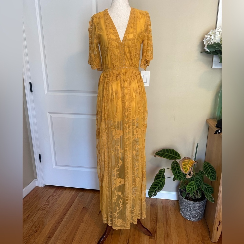 Socialite Nordstrom Maxi Lace Overlay Romper in Marigold size S - Picture 4 of 4